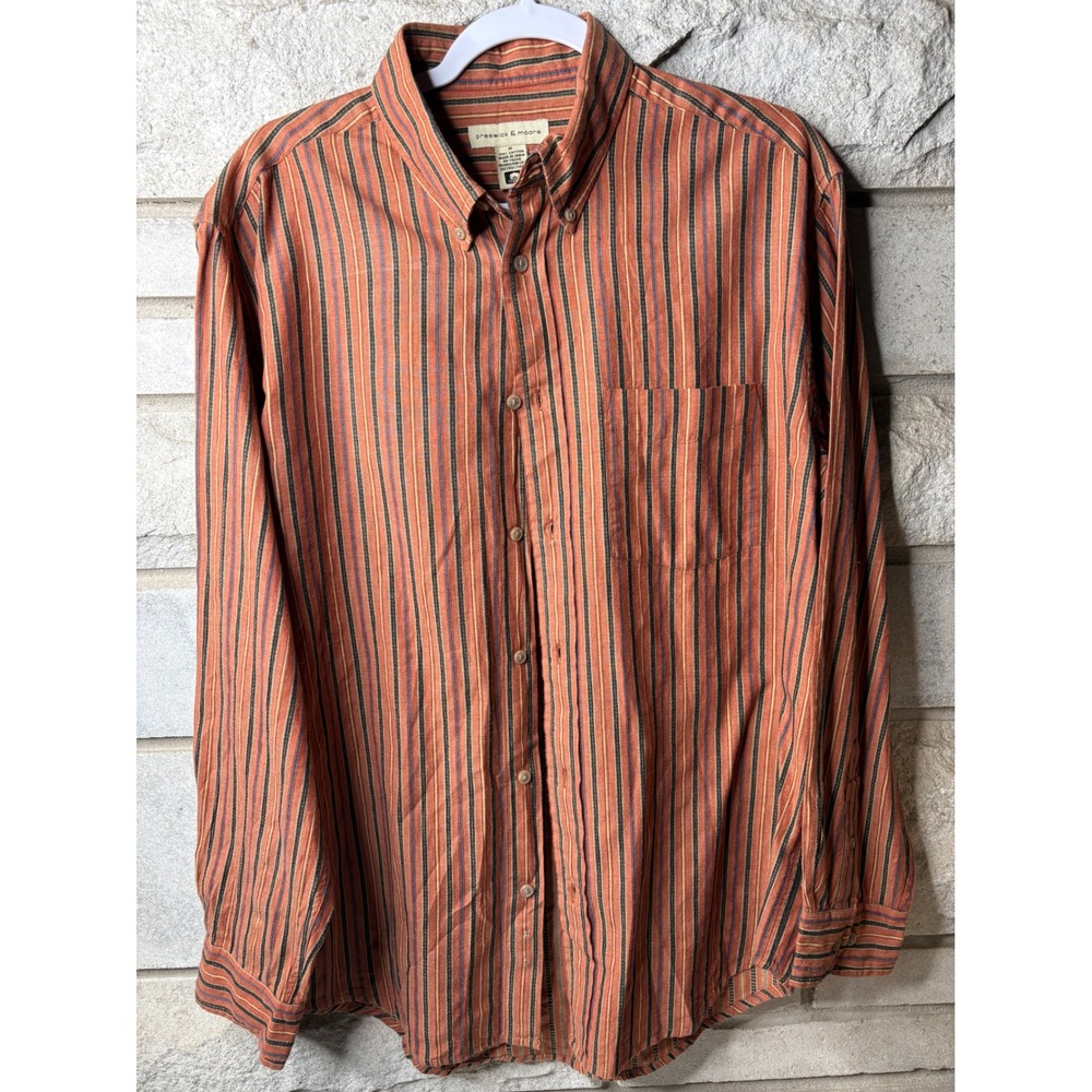 Preswick & Moore Mens Medium Rust‎ Orange Striped Cotton Button Down Shirt M